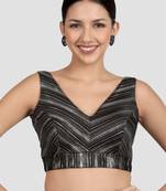 Black & silver striped silk v-neck readymade sleeveless readymade saree blouse