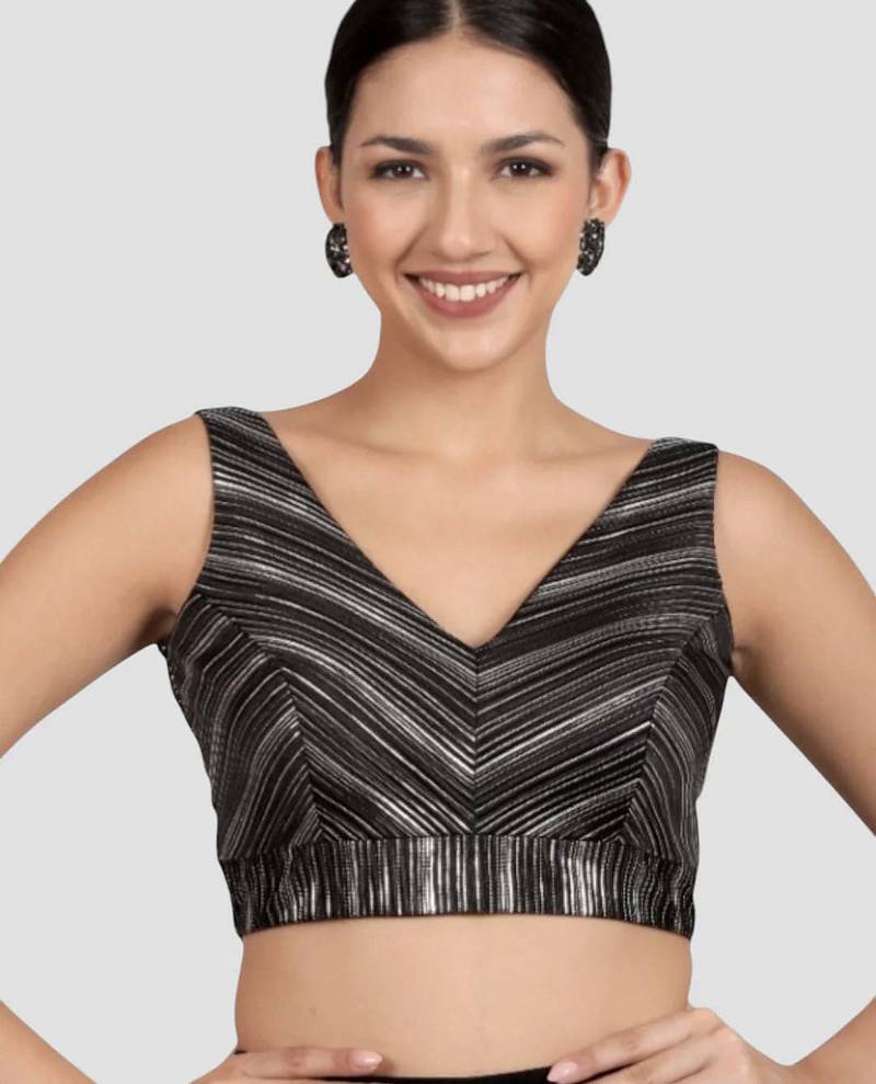 Black & silver striped silk v-neck readymade sleeveless readymade saree blouse