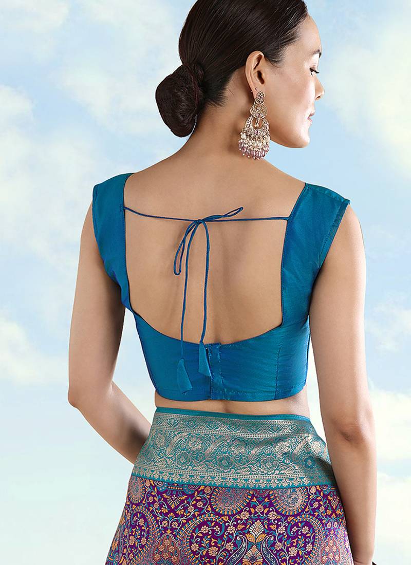 Teal blue faux banarasi silk readymade blouse