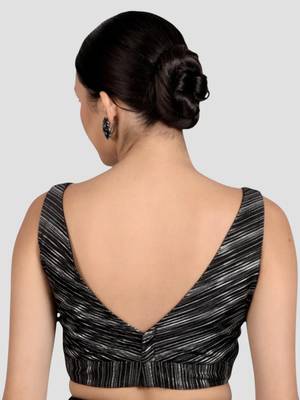 Black & silver striped silk v-neck readymade sleeveless readymade saree blouse 2