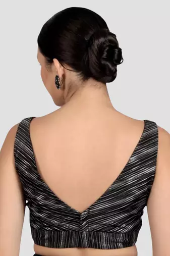 Black & silver striped silk v-neck readymade sleeveless readymade saree blouse