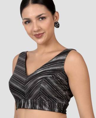 Black & silver striped silk v-neck readymade sleeveless readymade saree blouse 3