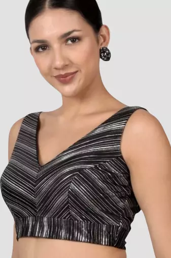 Black & silver striped silk v-neck readymade sleeveless readymade saree blouse
