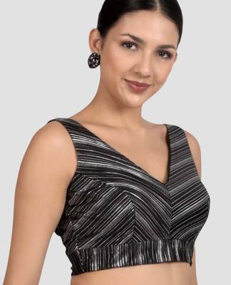 Black & silver striped silk v-neck readymade sleeveless readymade saree blouse 4