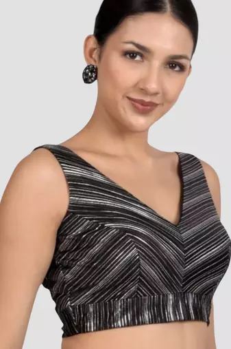 Black & silver striped silk v-neck readymade sleeveless readymade saree blouse