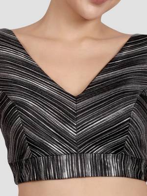 Black & silver striped silk v-neck readymade sleeveless readymade saree blouse 5