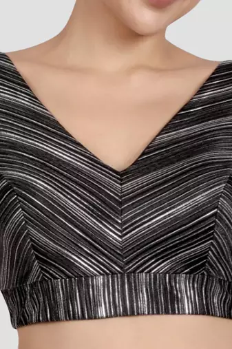 Black & silver striped silk v-neck readymade sleeveless readymade saree blouse