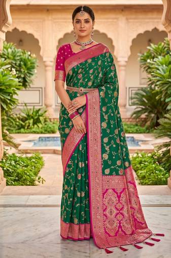 Sea green soft silk blend saree with zari weaving meenakari design