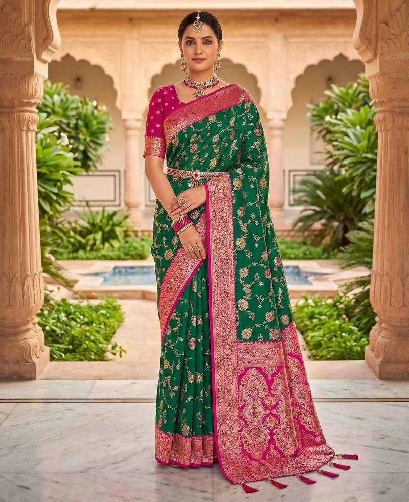 Sea green soft silk blend saree with zari weaving meenakari design