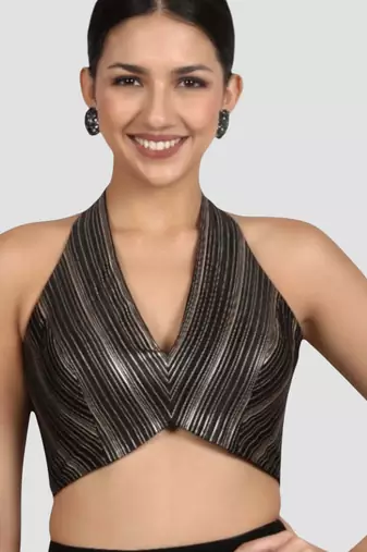 Black & gold striped silk halter neck backless saree blouse