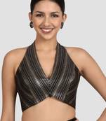 Black & gold striped silk halter neck backless saree blouse