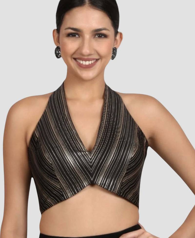 Black & gold striped silk halter neck backless saree blouse