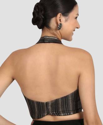 Black & gold striped silk halter neck backless saree blouse 2