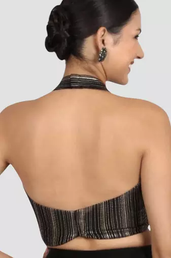 Black & gold striped silk halter neck backless saree blouse