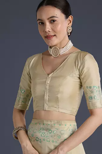 Cream faux banarasi satin silk readymade blouse