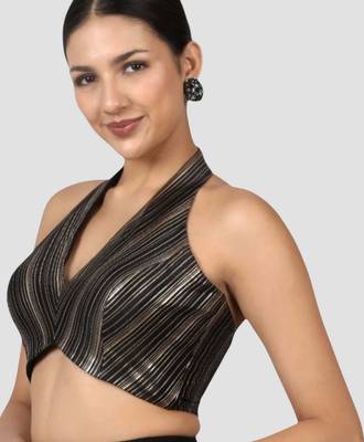 Black & gold striped silk halter neck backless saree blouse 3