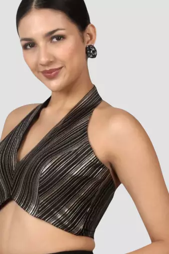 Black & gold striped silk halter neck backless saree blouse