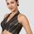 Black & gold striped silk halter neck backless saree blouse