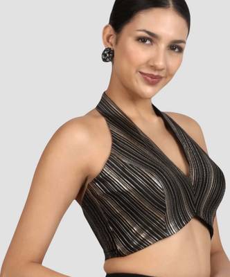 Black & gold striped silk halter neck backless saree blouse 4