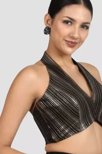 Black & gold striped silk halter neck backless saree blouse