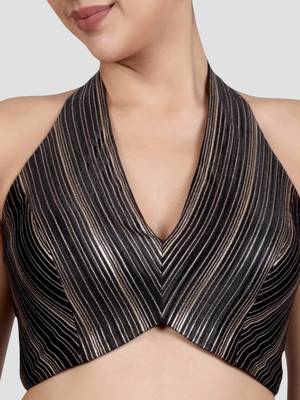 Black & gold striped silk halter neck backless saree blouse 5