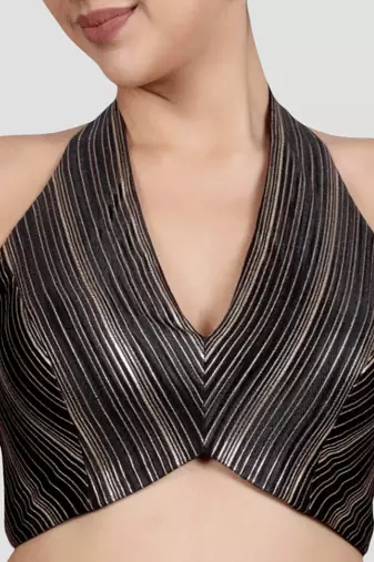 Black & gold striped silk halter neck backless saree blouse