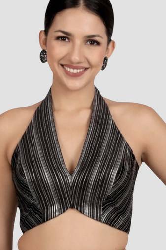 Black & silver striped silk halter neck backless saree blouse