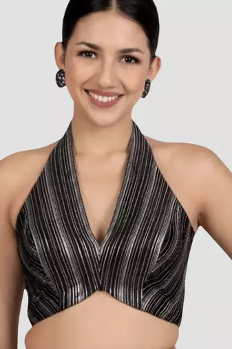 Black & silver striped silk halter neck backless saree blouse