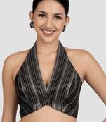 Black & silver striped silk halter neck backless saree blouse