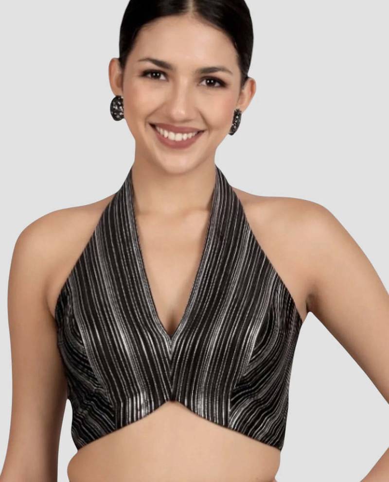 Black & silver striped silk halter neck backless saree blouse
