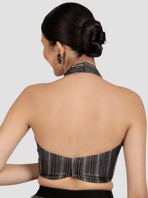 Black & silver striped silk halter neck backless saree blouse 2