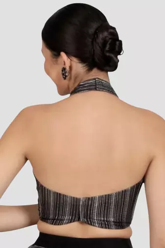 Black & silver striped silk halter neck backless saree blouse