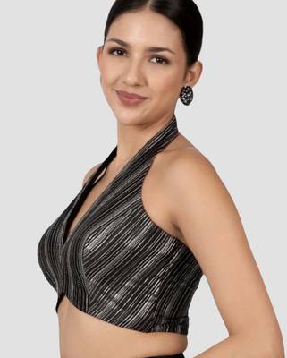 Black & silver striped silk halter neck backless saree blouse 3