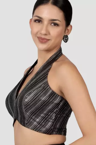Black & silver striped silk halter neck backless saree blouse