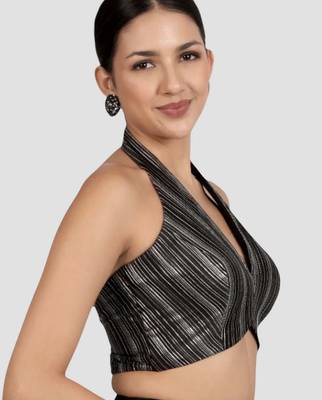 Black & silver striped silk halter neck backless saree blouse 4