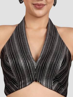 Black & silver striped silk halter neck backless saree blouse 5