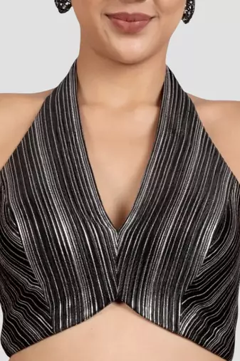 Black & silver striped silk halter neck backless saree blouse