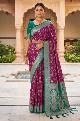 Wine soft silk blend saree with zari weaving meenakari design