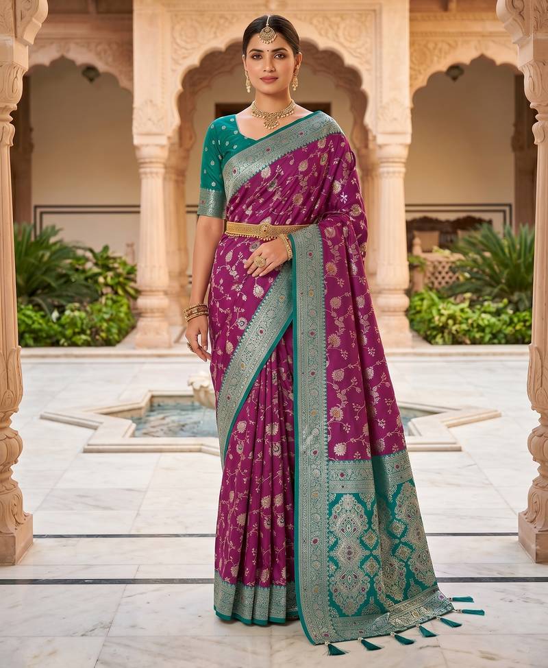 Wine soft silk blend saree with zari weaving meenakari design