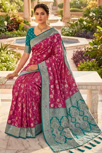 Wine soft silk blend saree with zari weaving meenakari design
