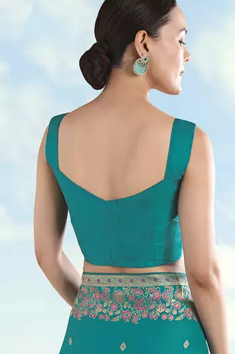 Turquoise faux banarasi satin silk readymade blouse