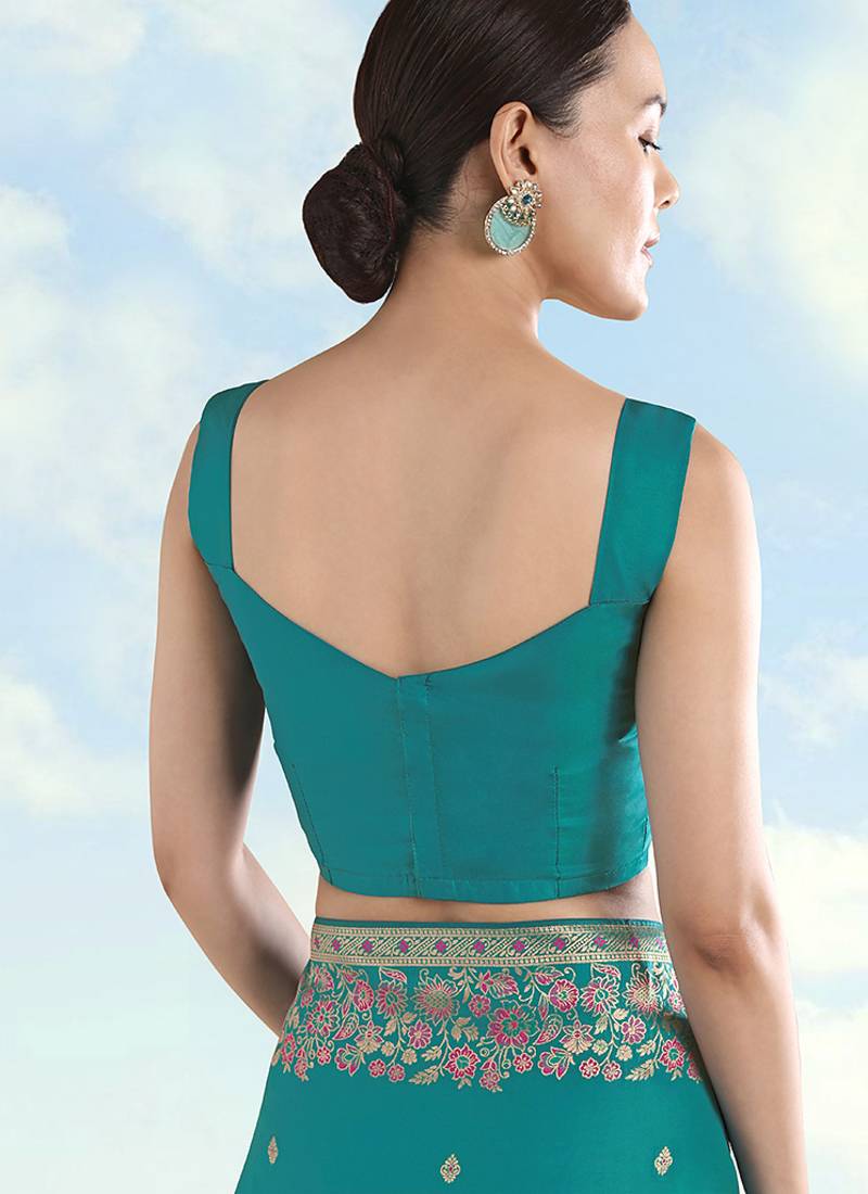 Turquoise faux banarasi satin silk readymade blouse