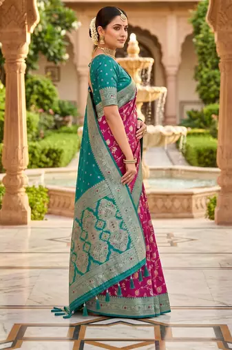 Wine soft silk blend saree with zari weaving meenakari design