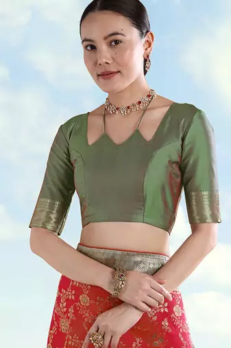 Green faux banarasi silk zari woven readymade blouse