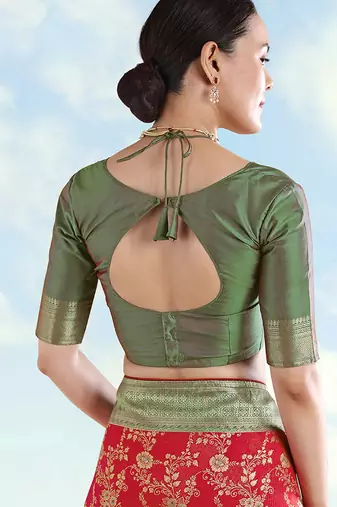 Green faux banarasi silk zari woven readymade blouse