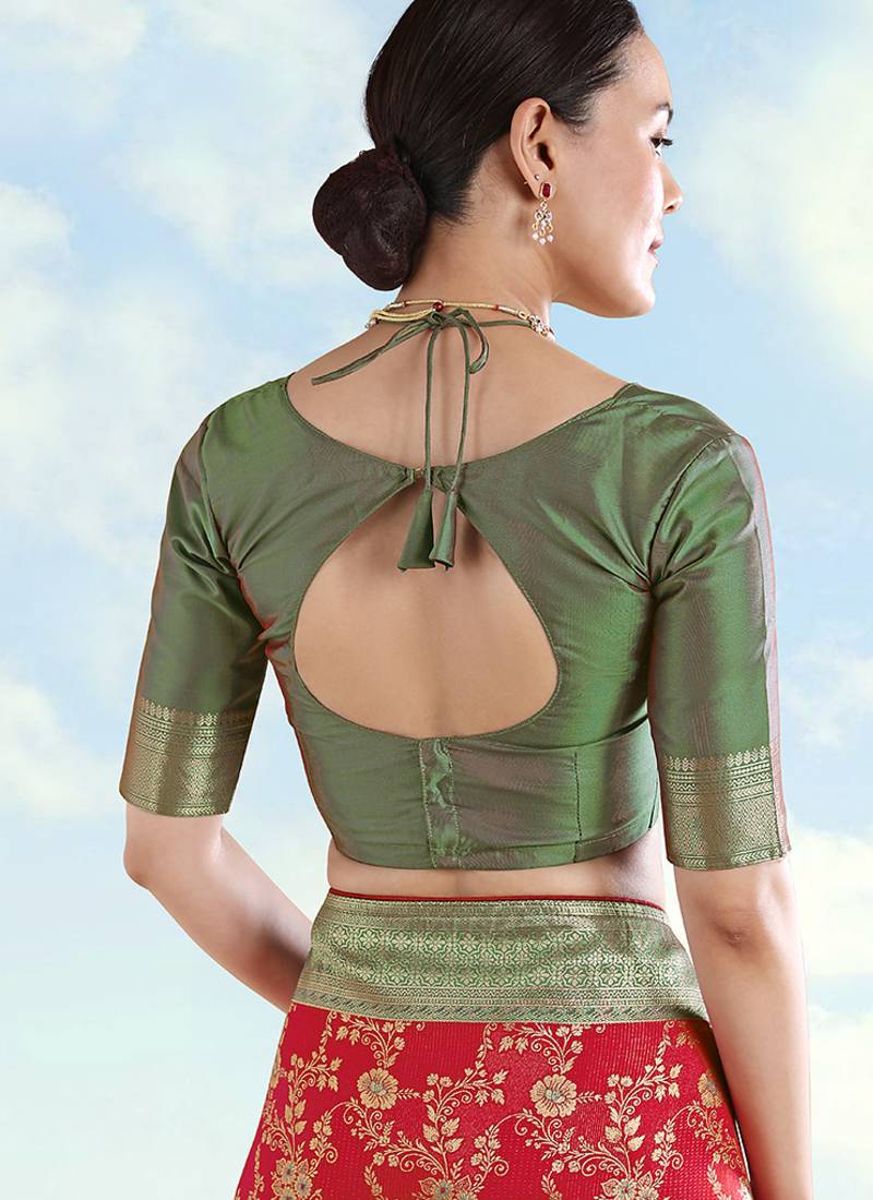 Green faux banarasi silk zari woven readymade blouse