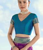 Turquoise blue faux banarasi silk zari woven readymade blouse