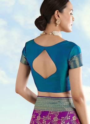 Turquoise blue faux banarasi silk zari woven readymade blouse 2