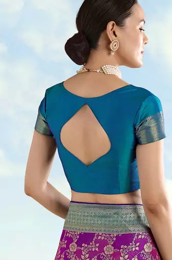 Turquoise blue faux banarasi silk zari woven readymade blouse