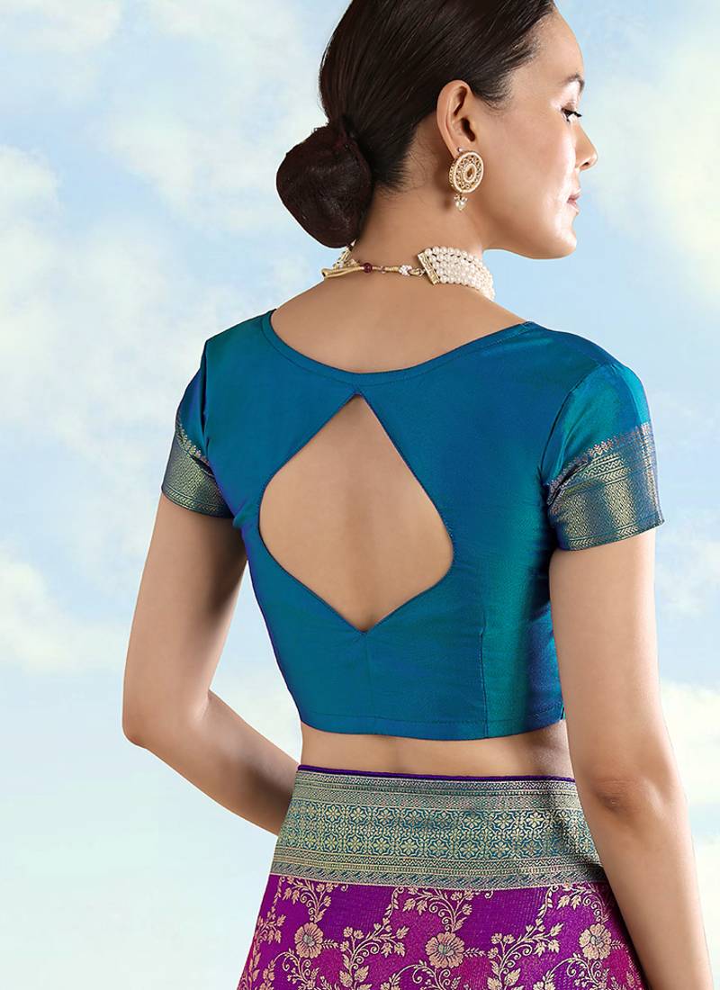 Turquoise blue faux banarasi silk zari woven readymade blouse